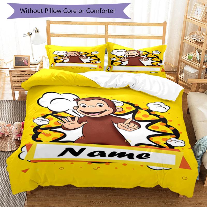 3pcs Custom Name Curious George Bedding Set Duvet Cover Closure Includes 1 Duvet Cover & 2 Pillowcases, Soft and Comfortable for All Seasons.