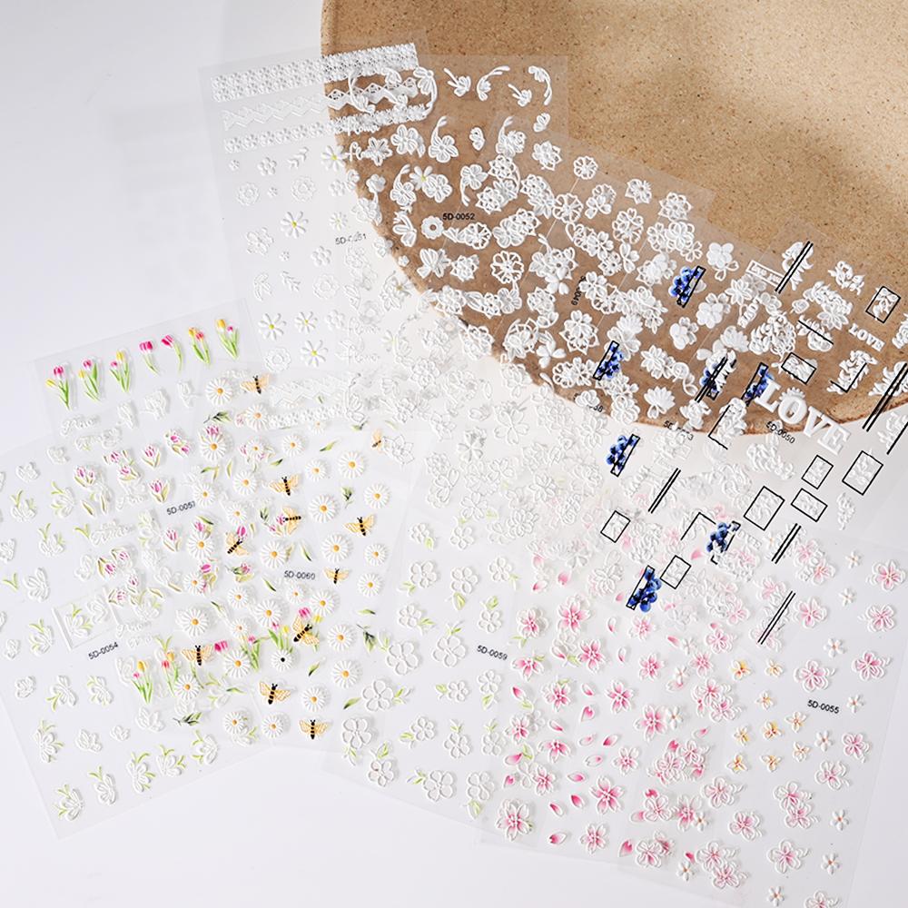 1pc 5D Bee Butterfly Flower Embossed Nail Sticker Self-Adhesive Acrylic Sunflower Engrave Decal Manicure Slider Decoration6x10cm