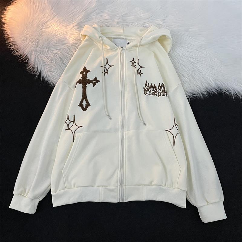Cross Flame Embroidered Retro Hip Hop Unisex Cardigan Jacket