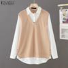 ZANZEA Женские винтажные поддельные рубашки-двойки с длинным рукавом контрастного цвета