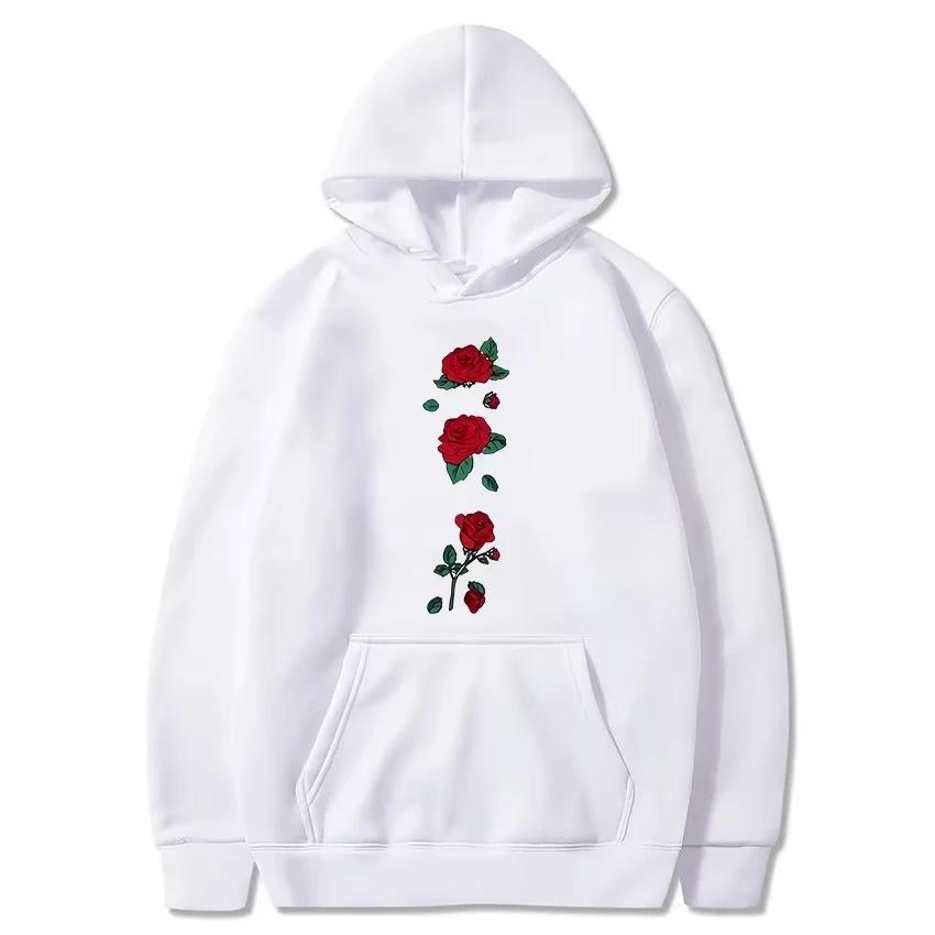Trend Leisure5 Rose Flower Print Men's Pullover Autumn and Winter Fashion Loose Streetwear Outdoor Sports