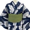 Kyoto Kimono Yuzen Yukata and Obi Set (2 Pieces) Navy Blue with Leaf and Banana Patterns, Classic Retro Style