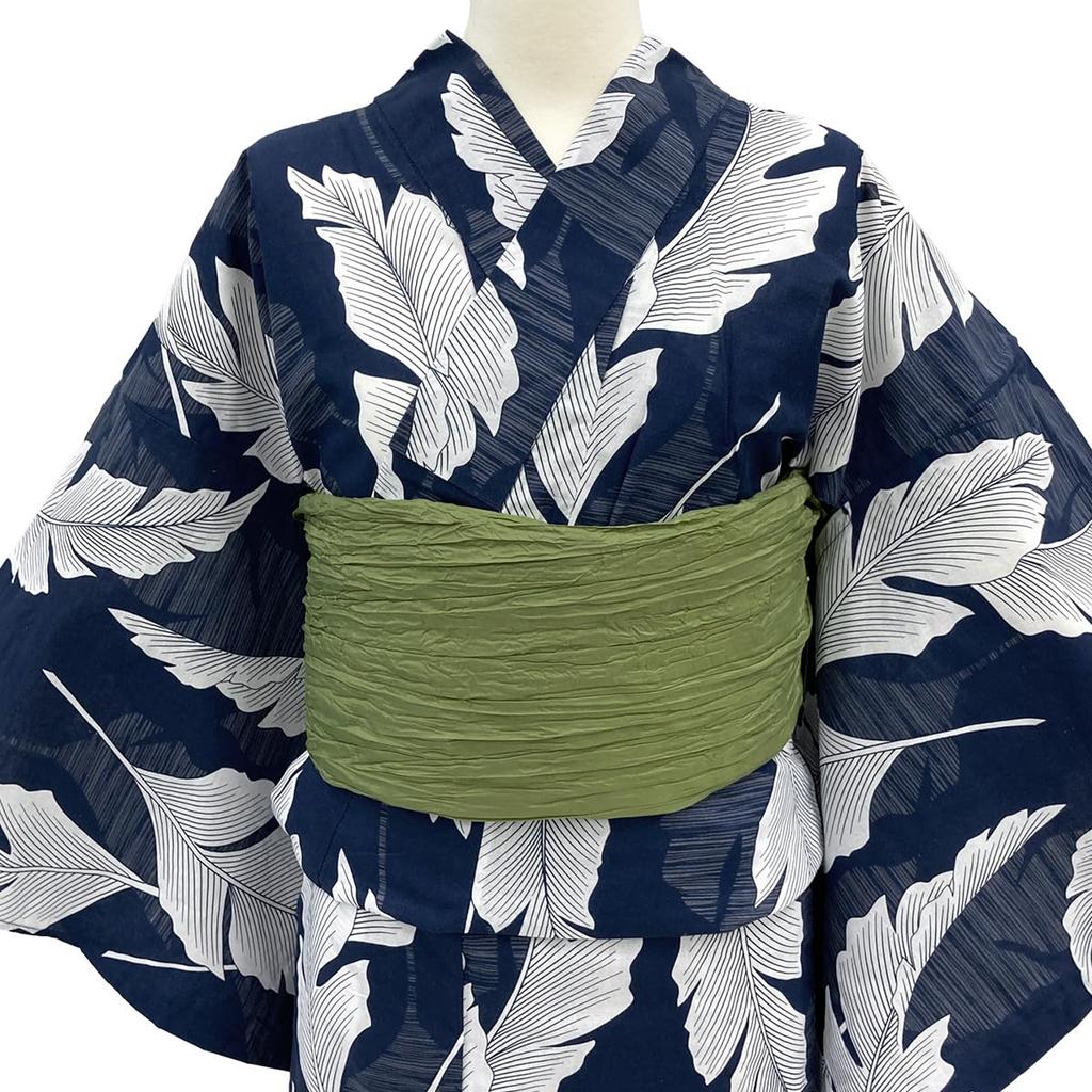 Kyoto Kimono Yuzen Yukata and Obi Set (2 Pieces) Navy Blue with Leaf and Banana Patterns, Classic Retro Style