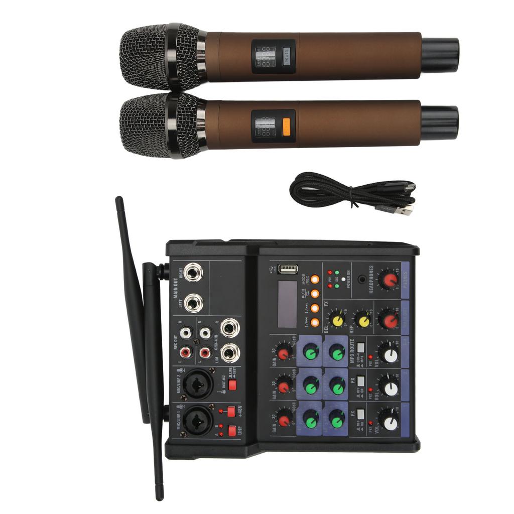 4 Channel Small Bluetooth Stereo Mixer with 2 Wireless Microphones Family Stereo Processor for Live Streaming