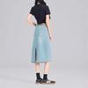 Women's Light Blue High-Waist Denim Midi Skirt with Back Slit and Double Buttons, Spring 2025 Collection – Elastic, Slimming Long Skirt