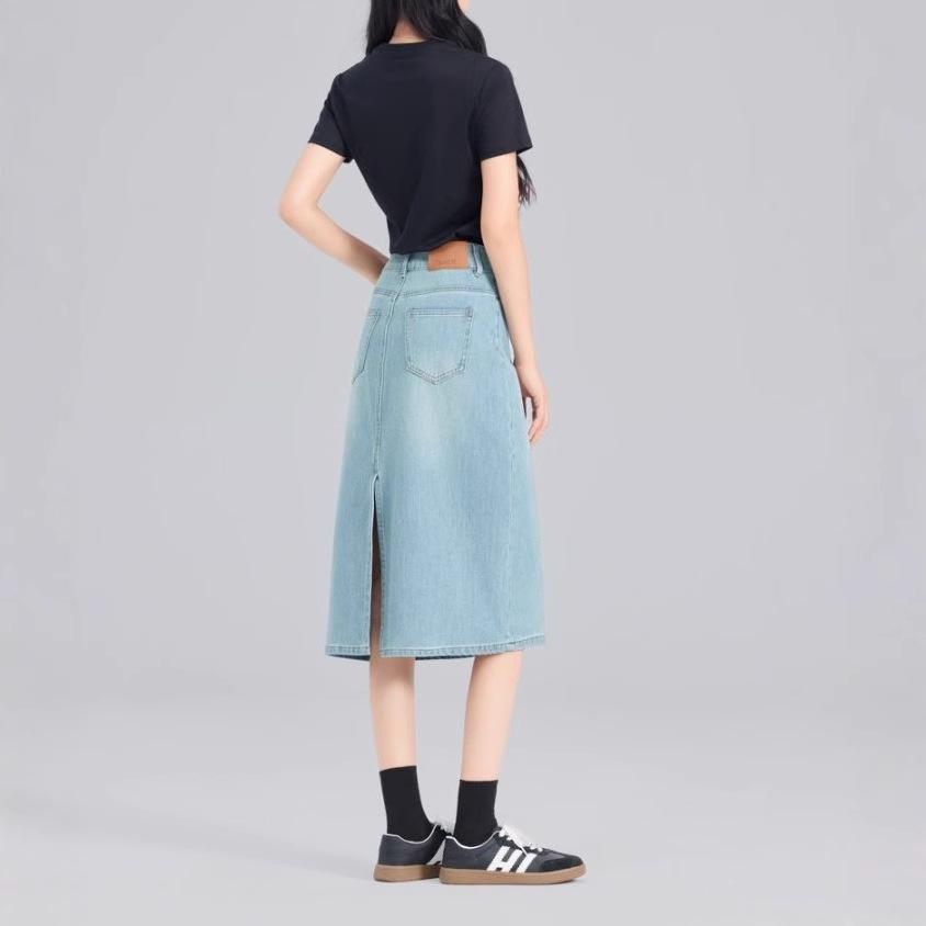 Women's Light Blue High-Waist Denim Midi Skirt with Back Slit and Double Buttons, Spring 2025 Collection – Elastic, Slimming Long Skirt