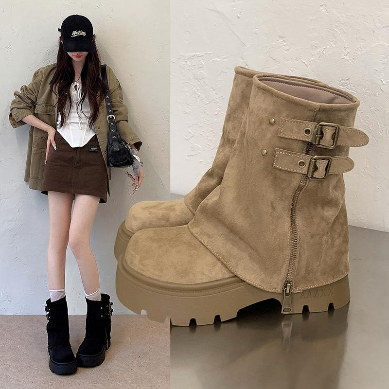 New retro thick-soled trouser boots women's double buckle straps increase height and show thinness small versatile Martin short boots
