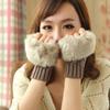 Warm Sheep Wool Knitted Faux Rabbit Fur Couples Fingerless Mittens Wrist Gloves Exposed Finger