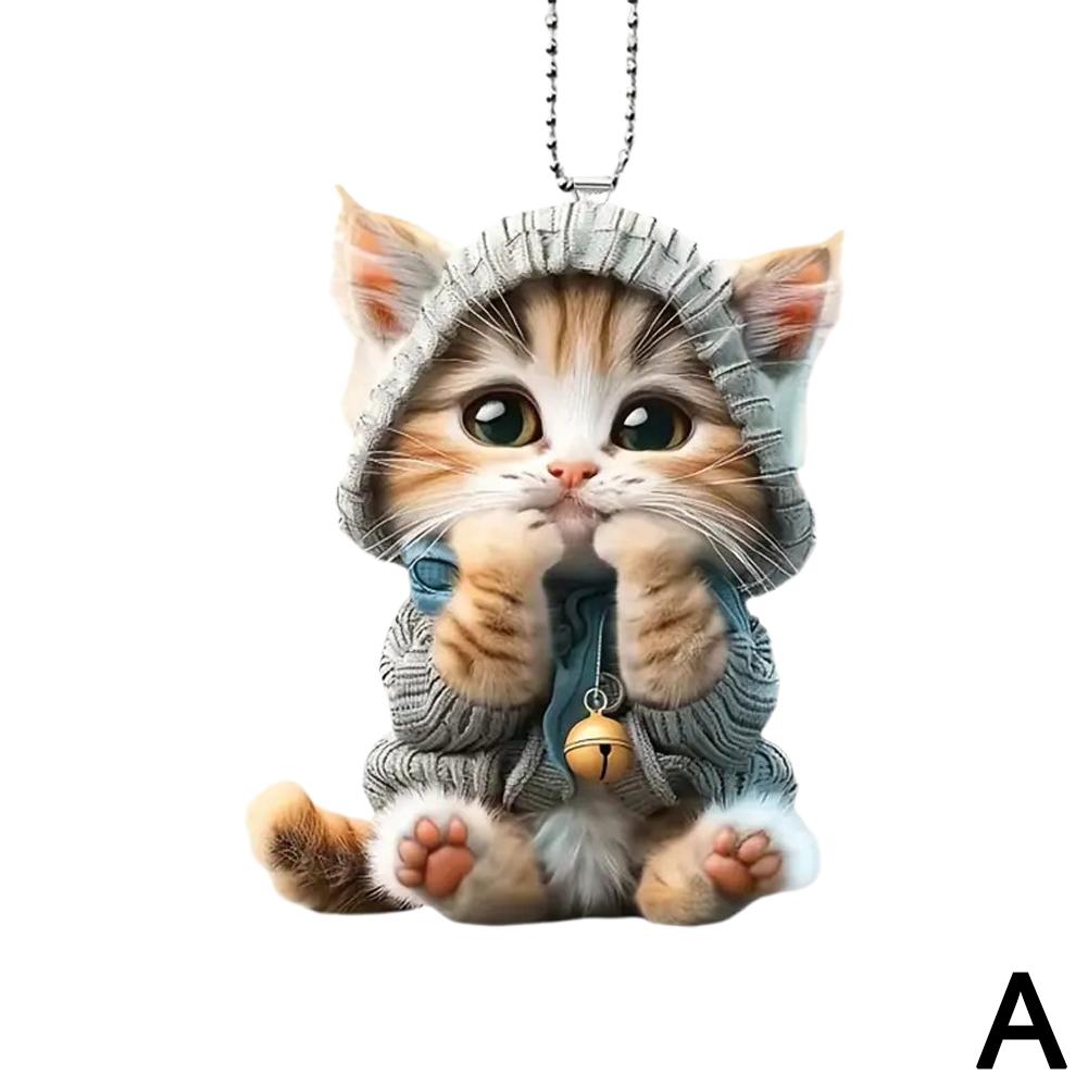 2D Car Pendant Hanging Ornament With Chain Realistic Hanging Interior Car Cat-Shaped Decor Mirr W3P9
