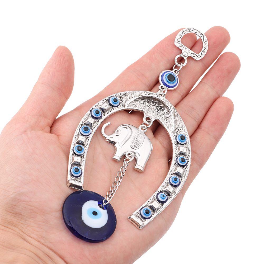 Blessing Ornament Car Pendant Hanging Ornament Evil Eye Horseshoe with Elephant Navy Blue