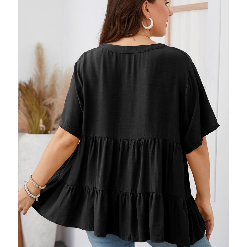 Женская рубашка с круглым вырезом и рюшами, свободная повседневная летняя футболка с коротким рукавом и баской, легкая дышащая удобная модная рубашка для поездок на работу плюс