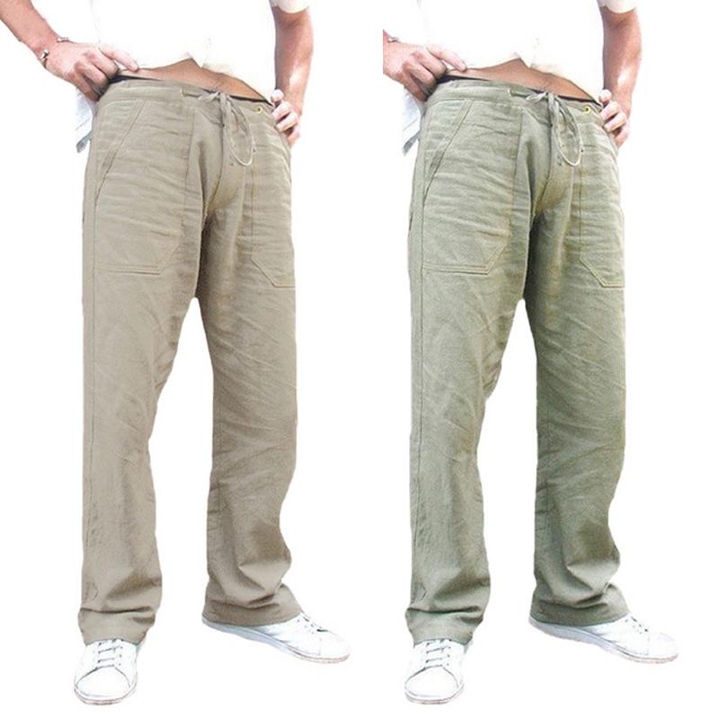 Fashion Luxury Men Nature Cotton Linen Trousers Summer Joggers Pants Male Solid Elastic Waist Trousers Straight Loose Running Pants Plus Size