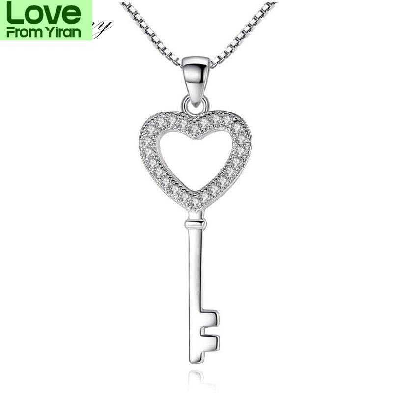 925 Sterling Silver Jewelry Cz Zircon Crystal Love Heart Key Pendant Necklace For Women Gift Chain Collares S -N74
