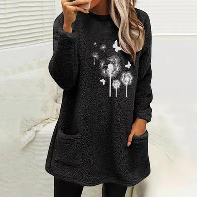 Осенне-зимняя женская длинная толстовка с капюшоном, с круглым вырезом, с длинным рукавом, с карманом, с тиснением в виде одуванчика, двусторонняя бархатная толстовка для женщин
