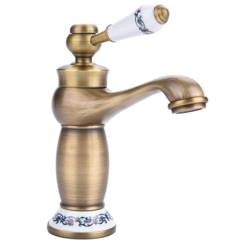Винтажный старинный латунный смеситель с синим и белым фарфором, смеситель с длинным горлышком для ванной комнаты/кухни, раковина для холодной и горячей воды (Античная отделка)
