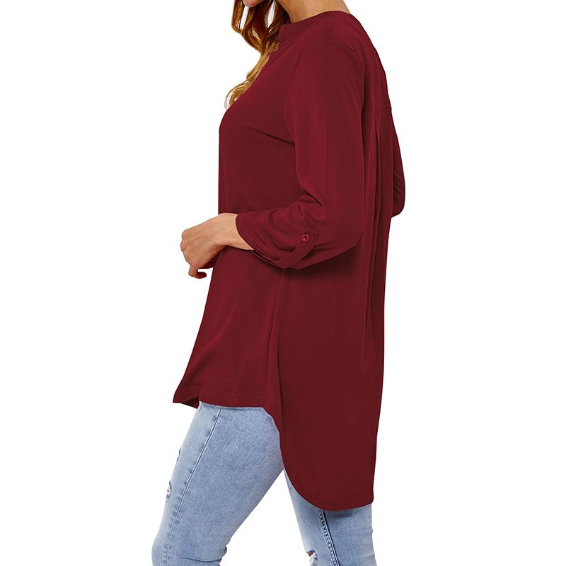 Женская шифоновая блузка с V-образным вырезом, рукав три четверти, повседневная офисная шифоновая блузка, рубашки, топы, свободные однотонные туники, топы
