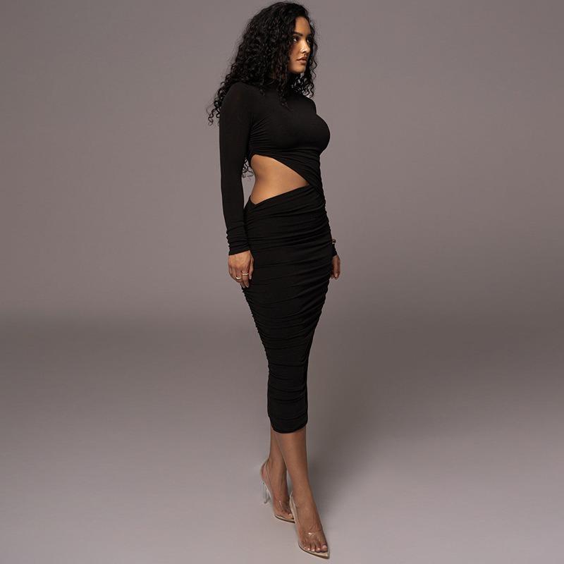 Женское однотонное платье с круглым вырезом и длинными рукавами, плиссированное, в стиле пэчворк, с сумкой-хип, сексуальное, для вечеринки Spice Girl