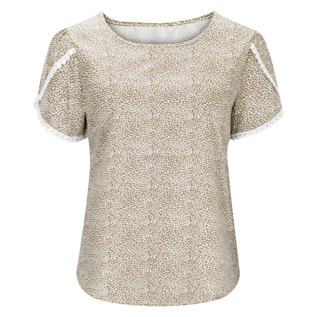 Women's Casual Floral  Printed Lace Crochet Short Sleeve Round Neck Summer Loose Tops Tops