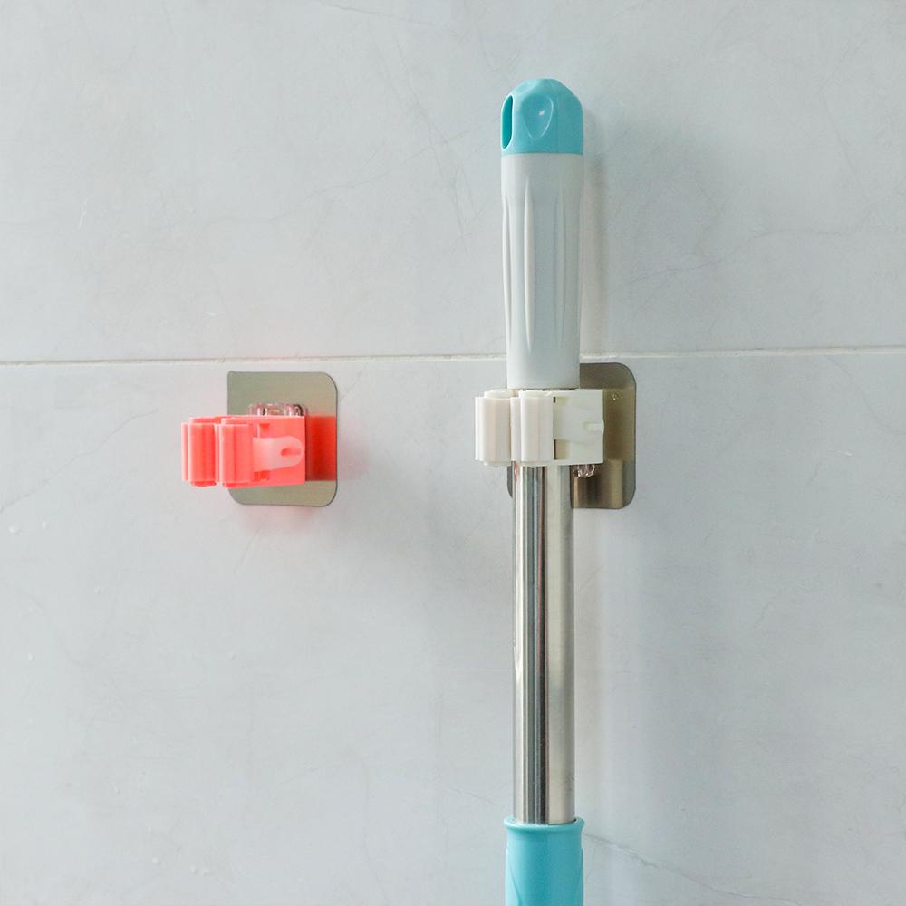 Home Self Adhesive Organizer Mop Holder Wall Mounted Hooks Spring Clip Rack Broom Hanger