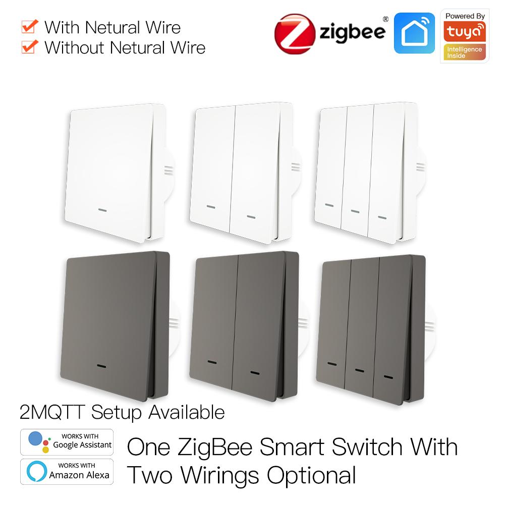 MOES NO Neutral No Capacitor Zigbee 3.0 Wireless Wall Push Button Smart Light Switch Tuya EU UK Standard 1/2/3 Gang
