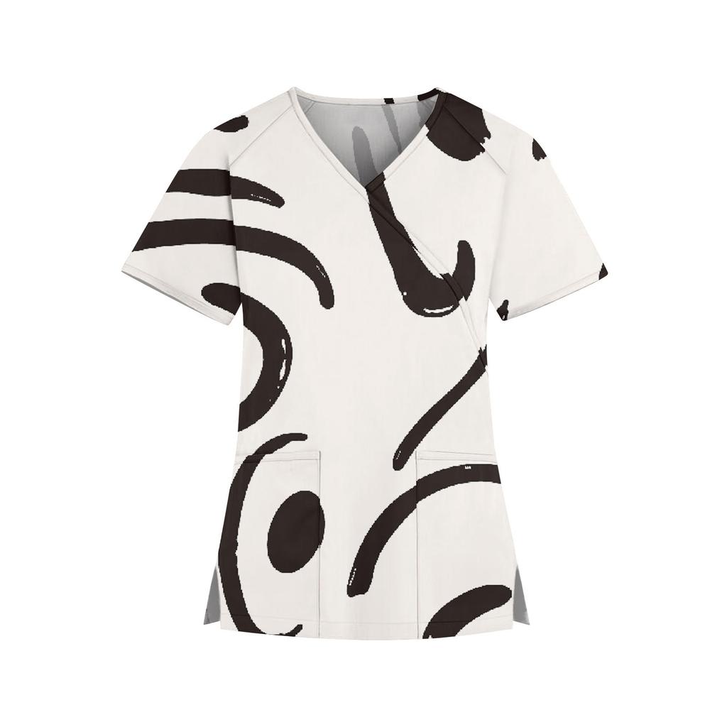 Женская модная рабочая одежда с v-образным вырезом и принтом, короткими рукавами и карманами, топы