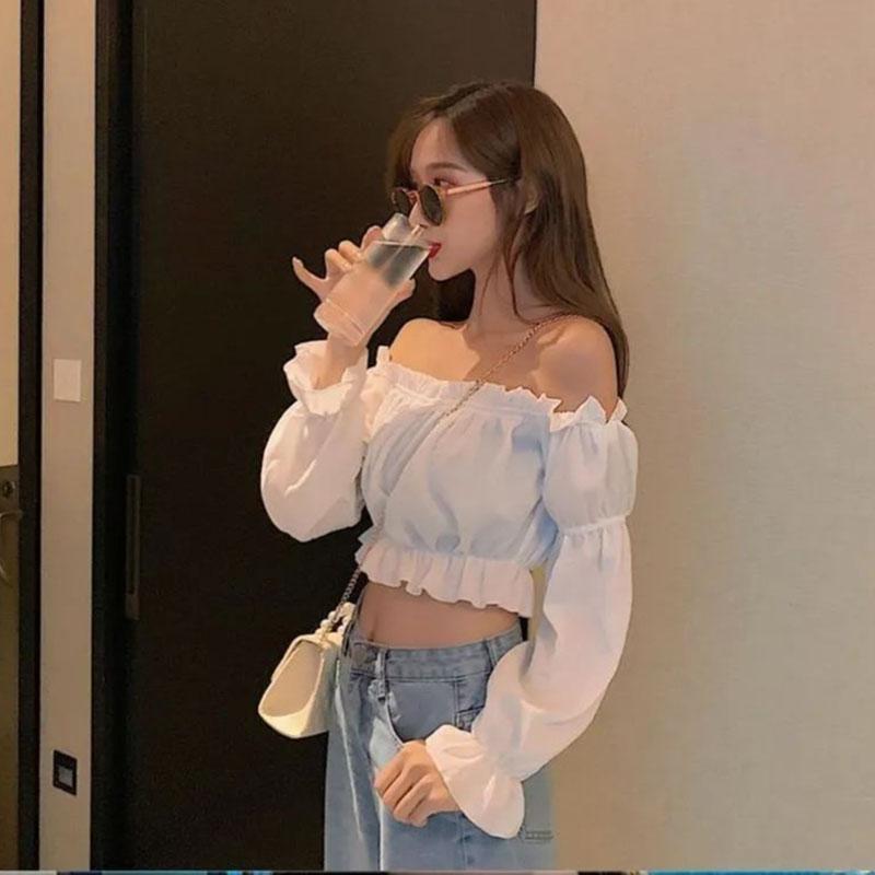 Slash Neck Sexy Off Shoulder Women's Short Top Pure Desire T-shirt Crop Top High Waisted Navel Exposed Puff Sleeve Korean Fashion Spring Autumn