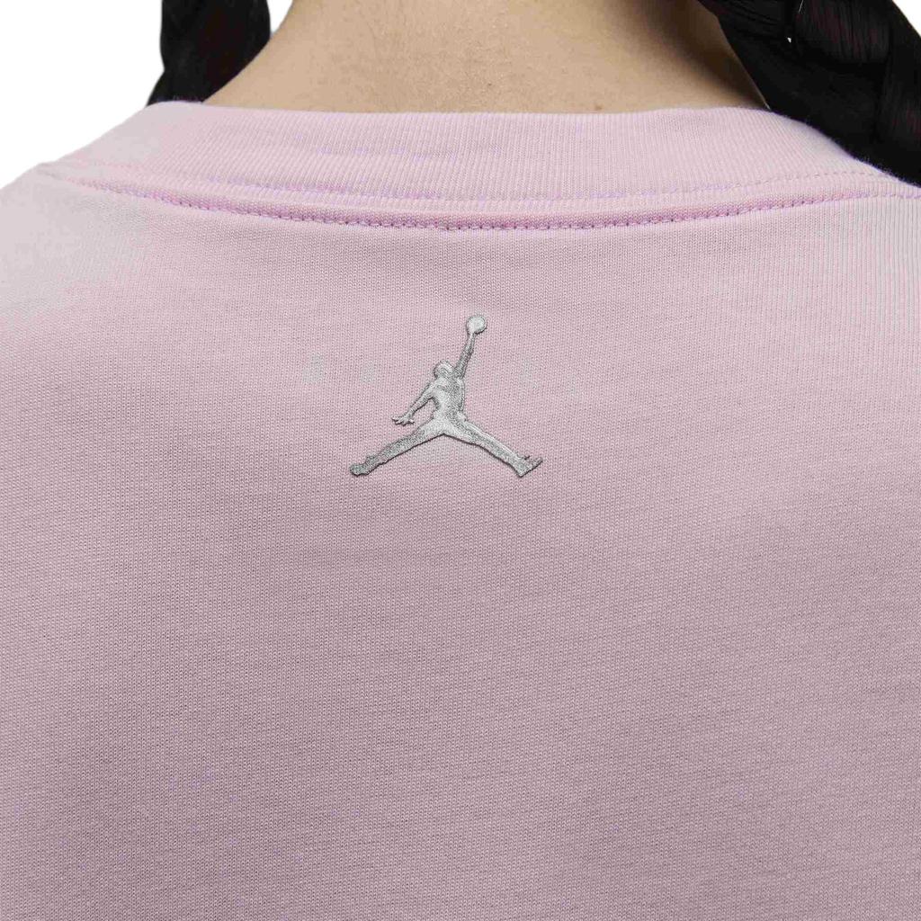 Jordan Мягкий удобный свитер с круглым вырезом и логотипом Essentials, короткий рукав, спущенное плечо, женская футболка, цвет пены розовый HM4904663