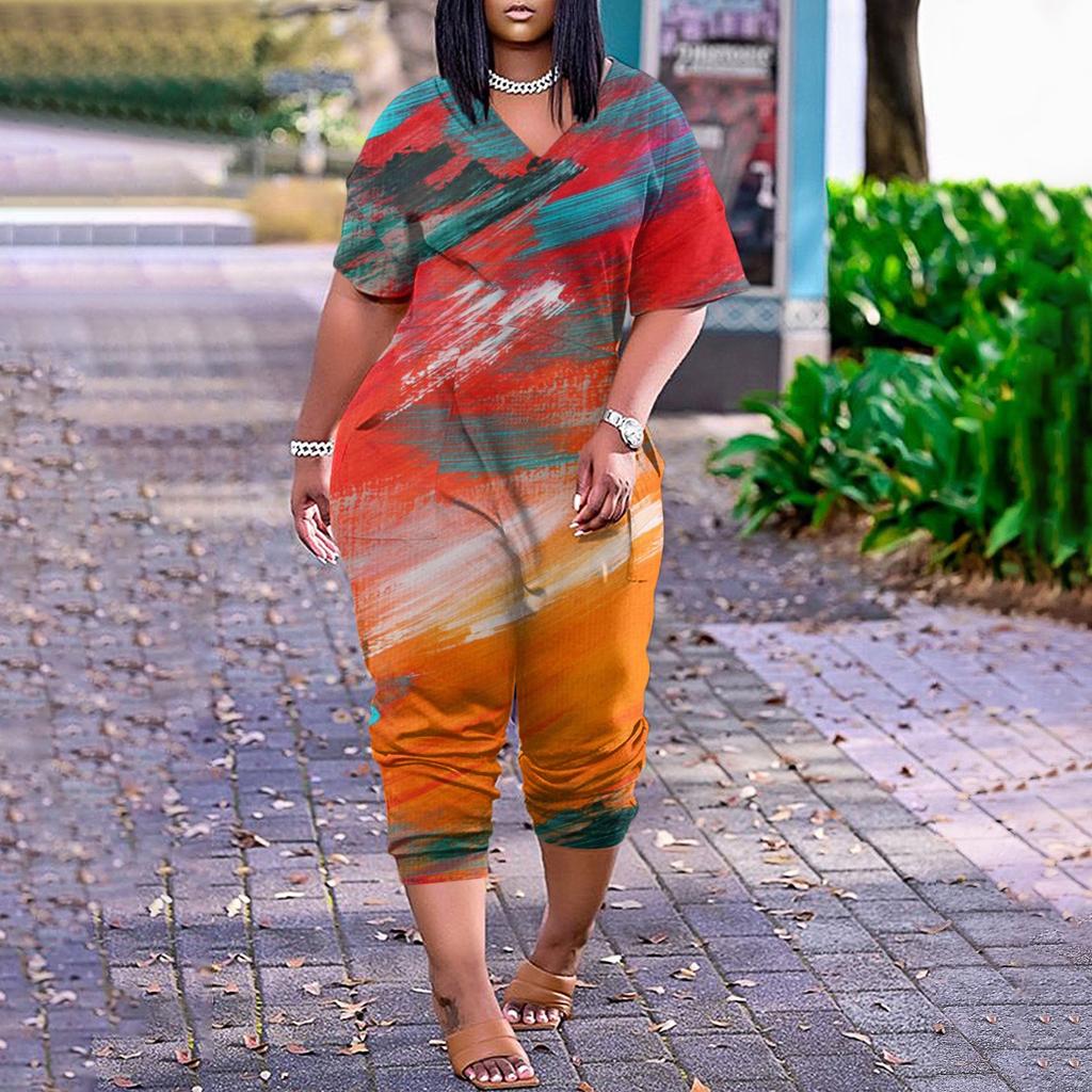 Женские повседневные комбинезоны на молнии с V-образным вырезом и короткими рукавами больших размеров с карманами, широкие длинные комбинезоны