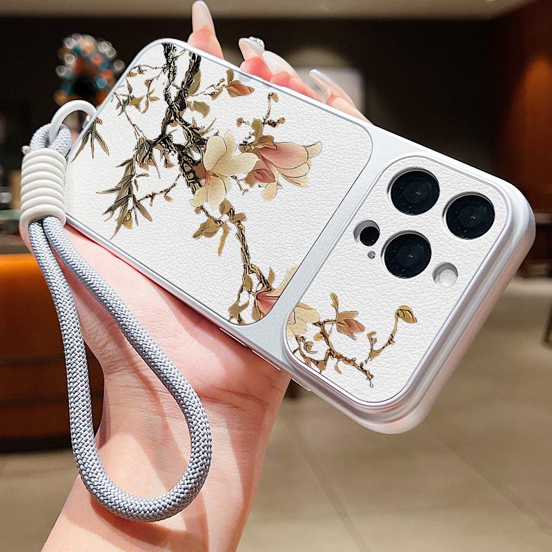 INS Чехол-шнурок с цветочным узором из кожи для iPhone 18 Pro Max Гибридный ТПУ+ПУ Противоскользящая Мягкая крышка для iPhone 17 16 15 14 13 Pro Max