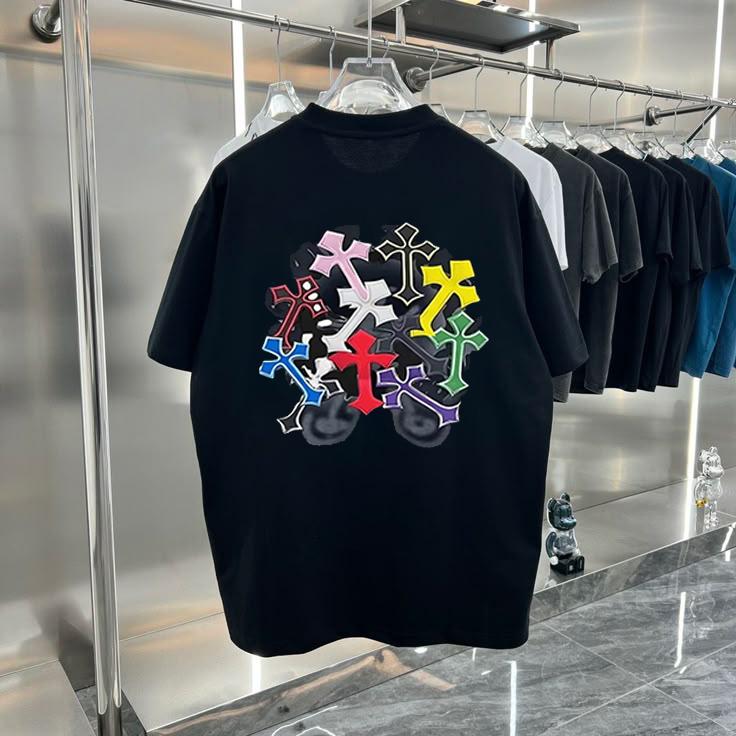 Harajuku Streetwear Pure Cotton Men T-Shirt Double Sided Digital Print Colorful Cross Graphic U