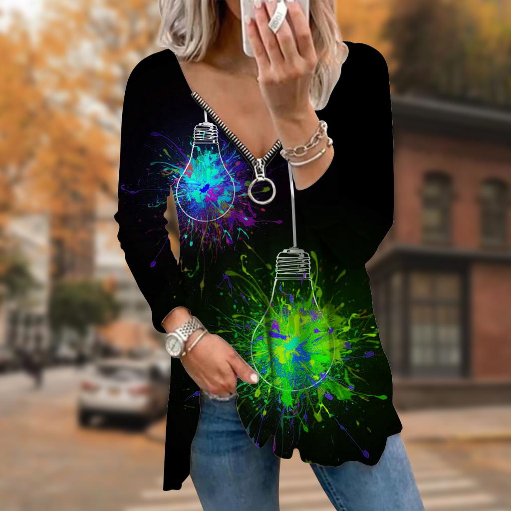 Women Autumn Colorful Light Bulb Printed Long Sleeve T-Shirts Loose V-Neck Plus Size Tee Shirt Tops Comfy Blouse