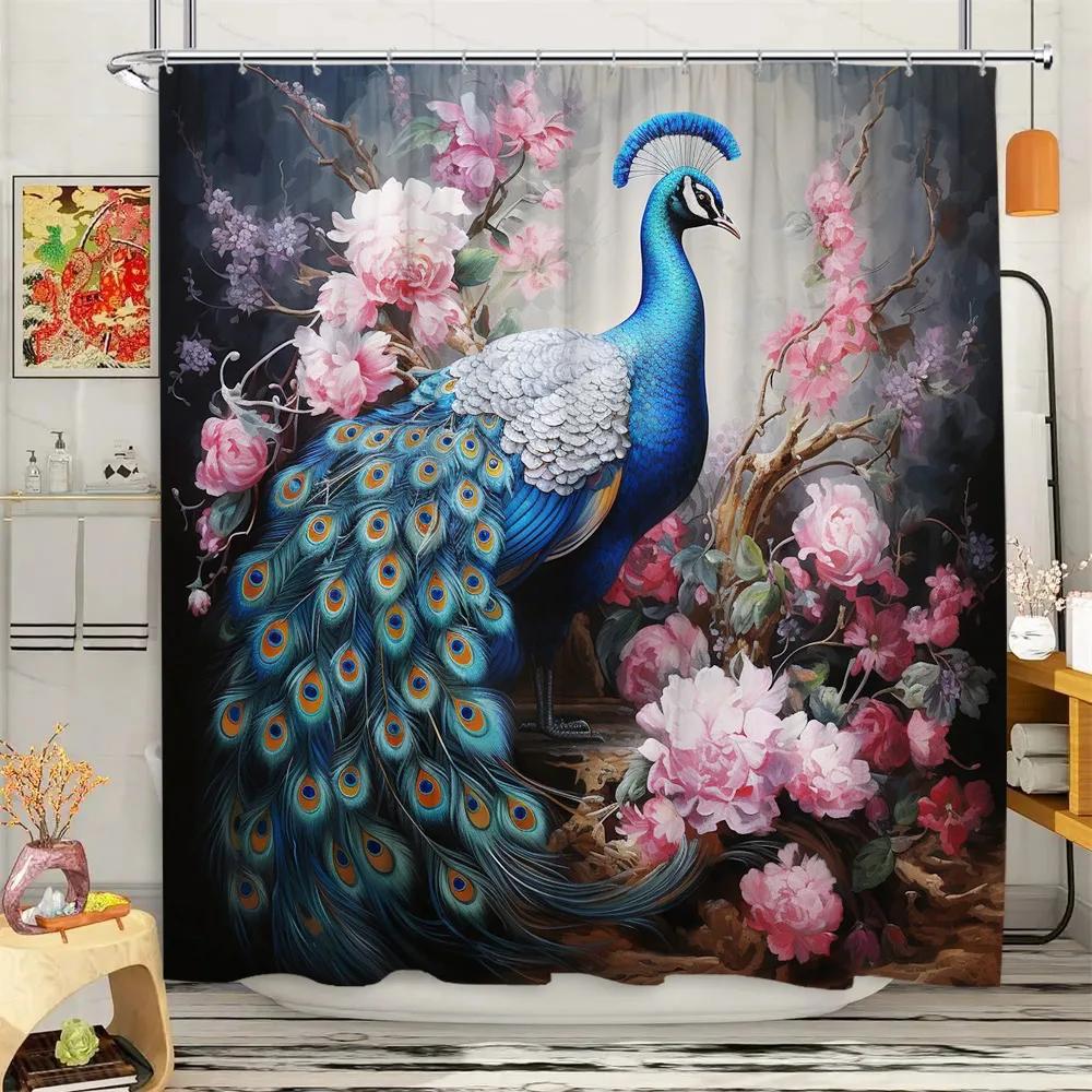 Peacock Shower Curtain Tropical Plant Flower Leaf Landscape Vintage Oil Painting Elegant Polyester Fabric Bathroom Decor Curtain