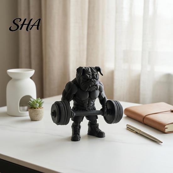 Bulldog Office Ornament 3D Printed Fitness Figurine, Modern Muscular Barbell Dog Frosted Figurine Statue, Black Sculpture for Home Desk Decor