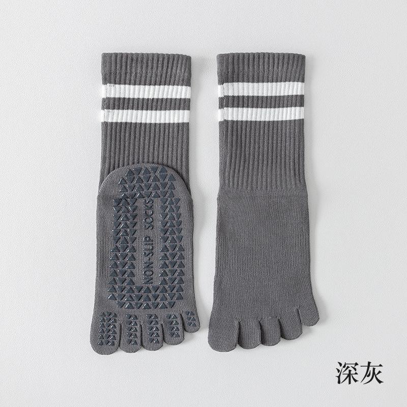 Striped Seamless Single Needle Combed Cotton Yoga Socks Womens Professional Pilates Anti-Slip Mid-Calf Sports Fitness Five-Toe