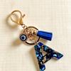 Blue Resin Initial Keychain - Evil Eye Letter Charm with Rhinestones & Tassel, Stylish Gift for Women, Lobster Clasp Accessory