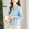 Light Blue V-neck Shirt for Women In Three-quarter Sleeve Autumn New Style Design Chic Top Pure Cotton White Shirt