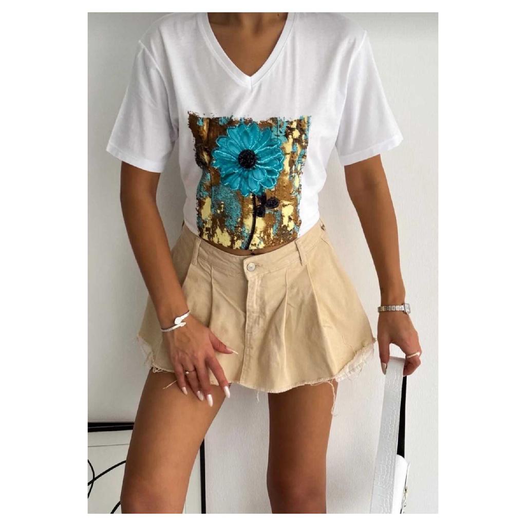 Женская черная футболка из 100 % хлопка с v-образным вырезом и вышивкой пайетками больших размеров