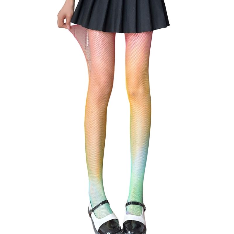 Sexy Gradients Rainbow Colorful Fishnet Tights for Women Candy Color Hollow Lace Jacquard Pantyhose JK Stockings Leggings
