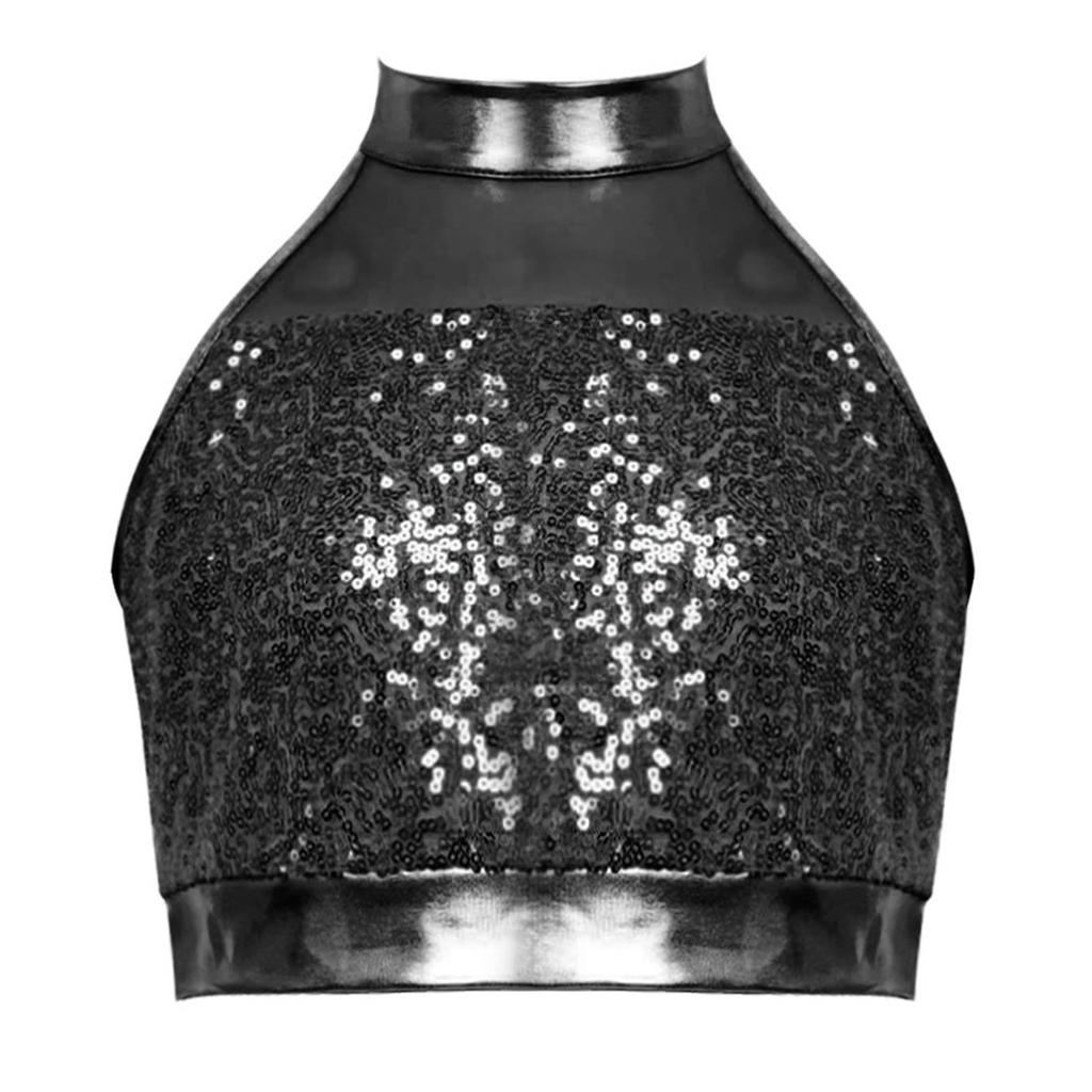 Girls Sleeveless Mock Neck Dance Crop Top Glitter Sequin Patchwork Keyhole Back Design Performance Top