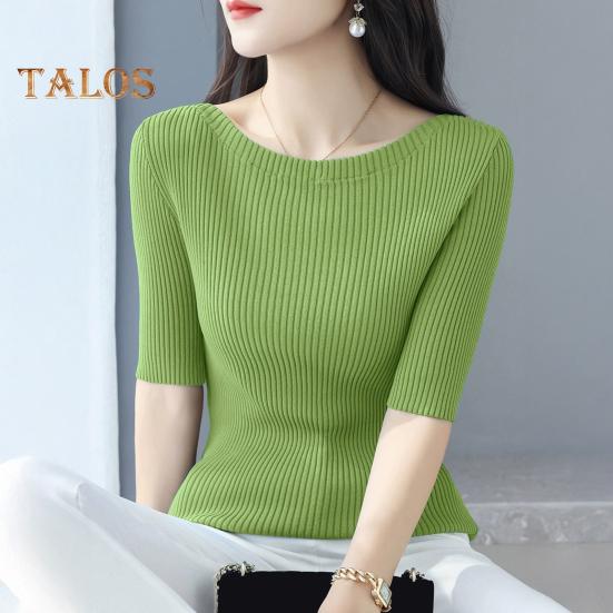 Женские топы Slim Fit, однотонные, ребристые, с круглым вырезом и коротким рукавом, эластичные, с короткими рукавами, топы для повседневной носки