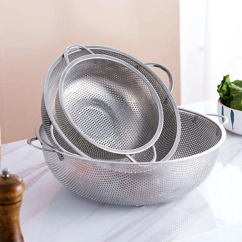Stainless Steel Drain Basket Colander Fruit Rice Vegetable Washing Basket Strainer Drainer with Handle Kitchen Storage Tools