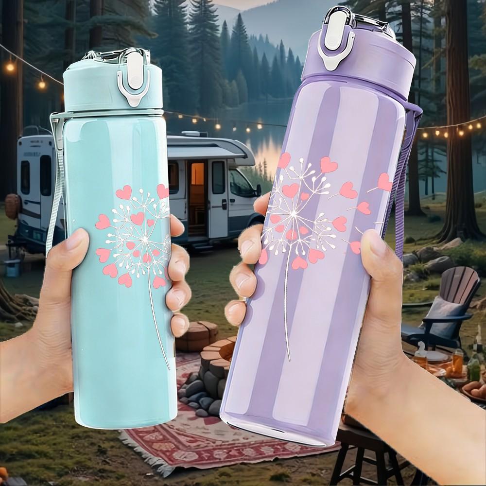 1PC Floating Pink Dandelion Seed Print 750ml Color Plastic Sports Water Bottle Leakproof Flip Straw Lid Suitable for Sports Office Home Use