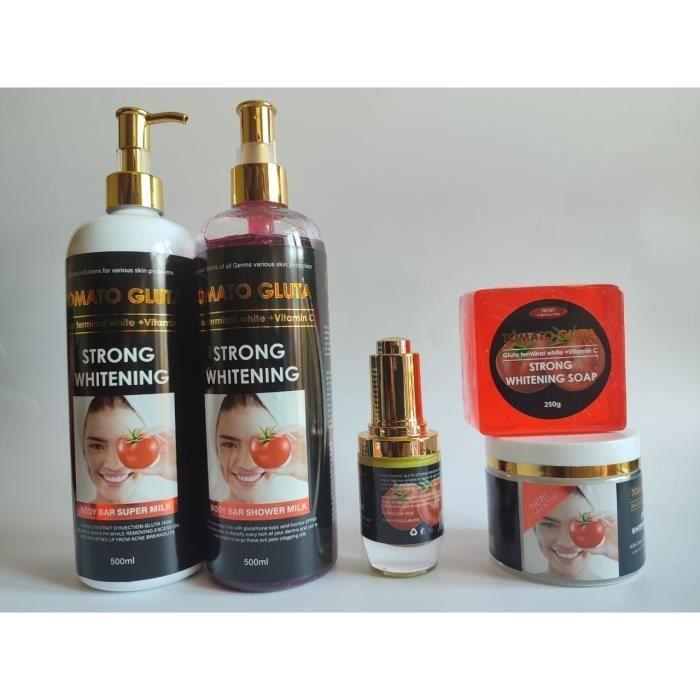 Gamme complète gluta tomato, lait 500,ml, gel douche nettoyante 500ml, sérum, savon 200g et crème visage très concentré et éclaircis