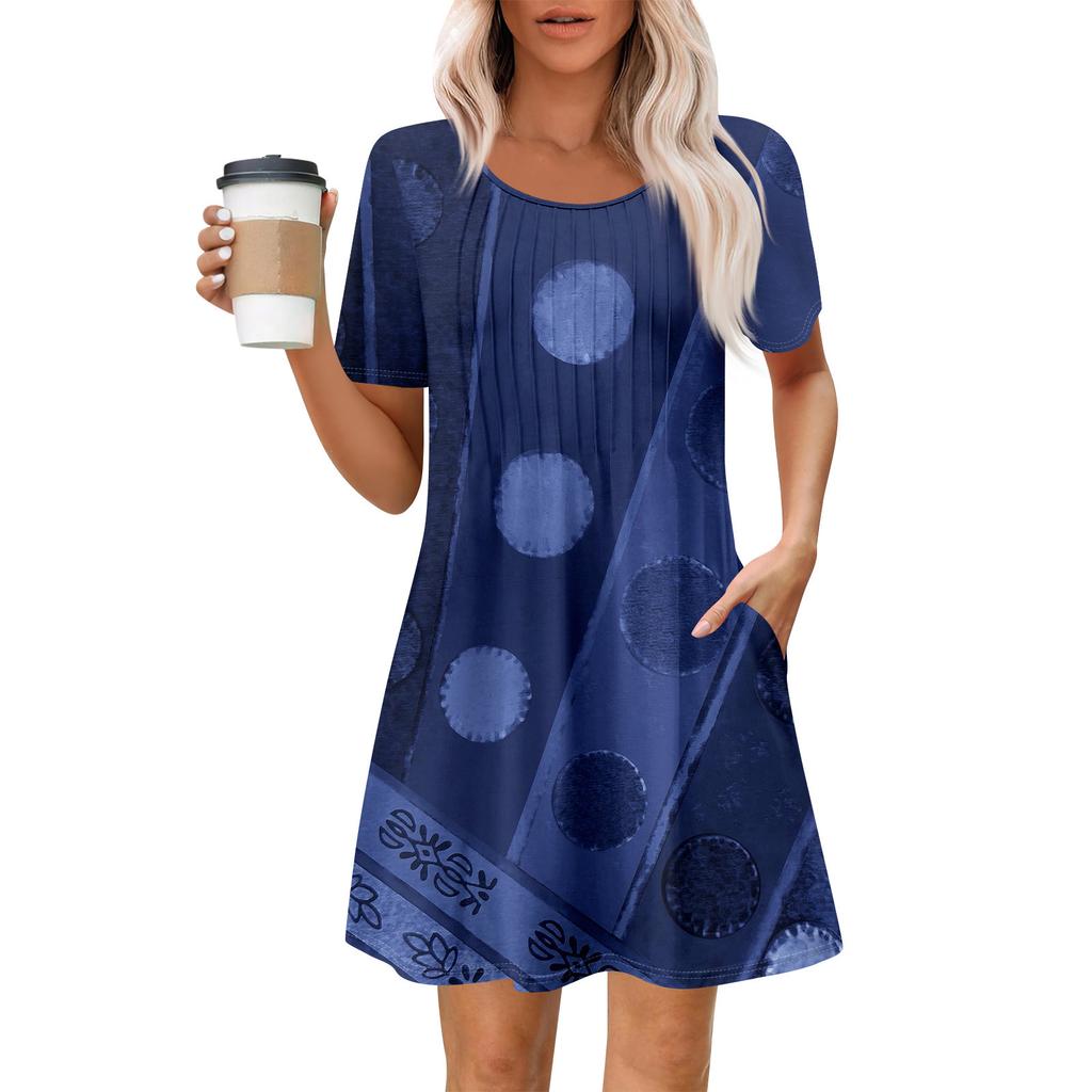 Women's Summer Dress Loose Beach Vacation Casual Round Neck Short Sleeve Sundress With Pocket Short Sleeve Shirt Dress