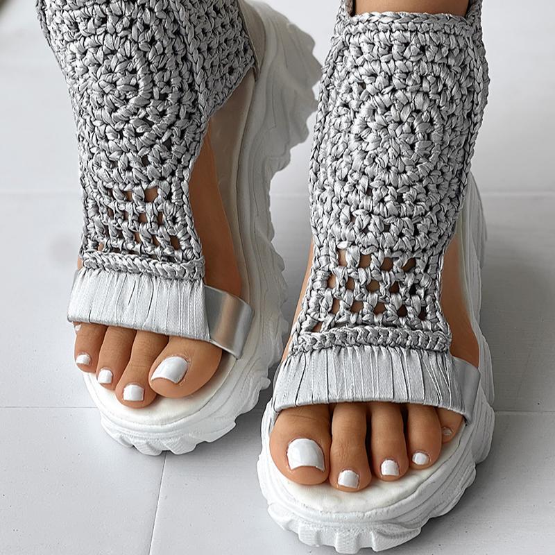 Sandals Women Braided Geometric Wedge Sandals Knitted Elastic Summer Shoes Mesh Flat Sandals Hollow Female Platform Shoes Gold