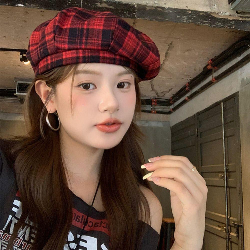 Японский клетчатый берет шляпа красный ретро шляпа художника винтажный Y2k берет шляпа женский