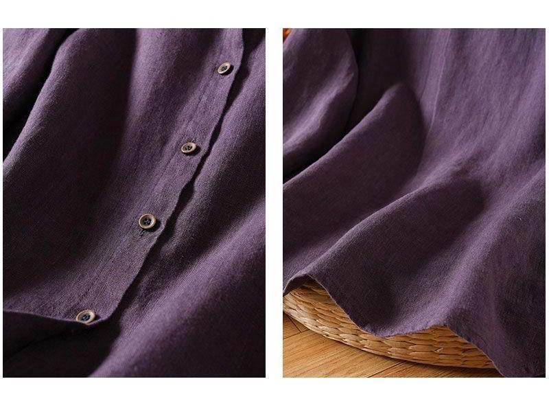 Женская льняная рубашка с длинным рукавом глубокого фиолетового цвета - Ранняя осень, Литературный ретро, Свободный крой, Высокий класс, Тонкий стиль