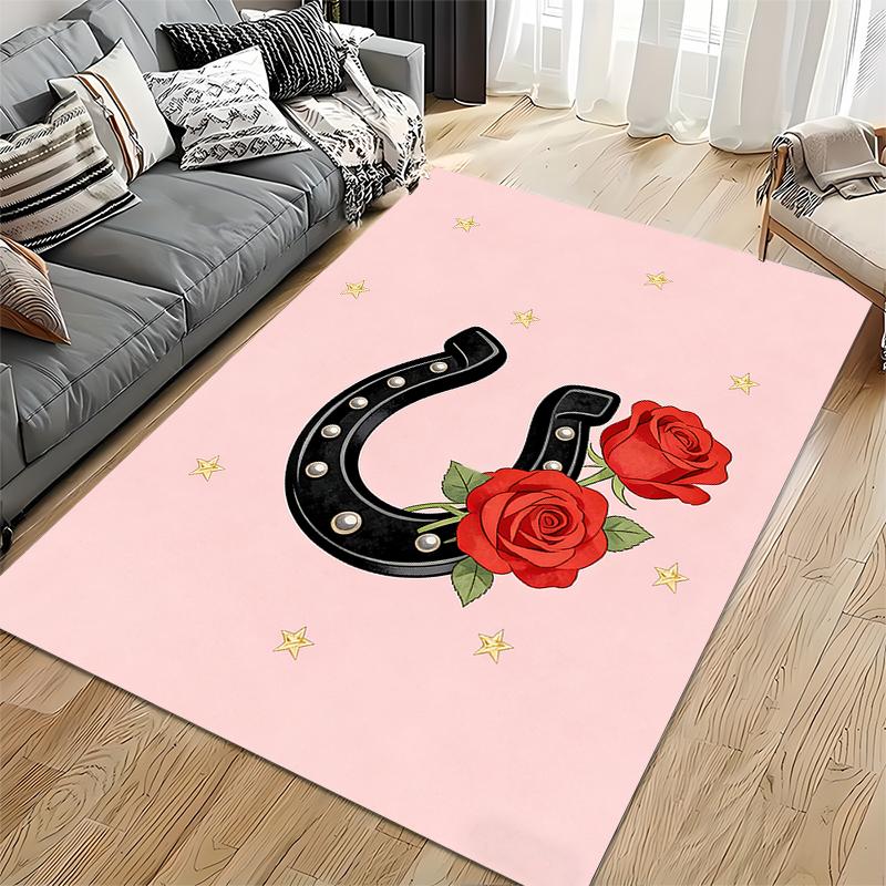 Pink Carpet with Black Horseshoe, Red Roses, and Yellow Stars Design Suitable for use as an anti-slip for living room bedroom sofas