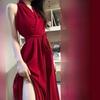 Royal Sister Red Halter Neck A-Line Dress - Slim Fit Mid-Length for Spring 2025