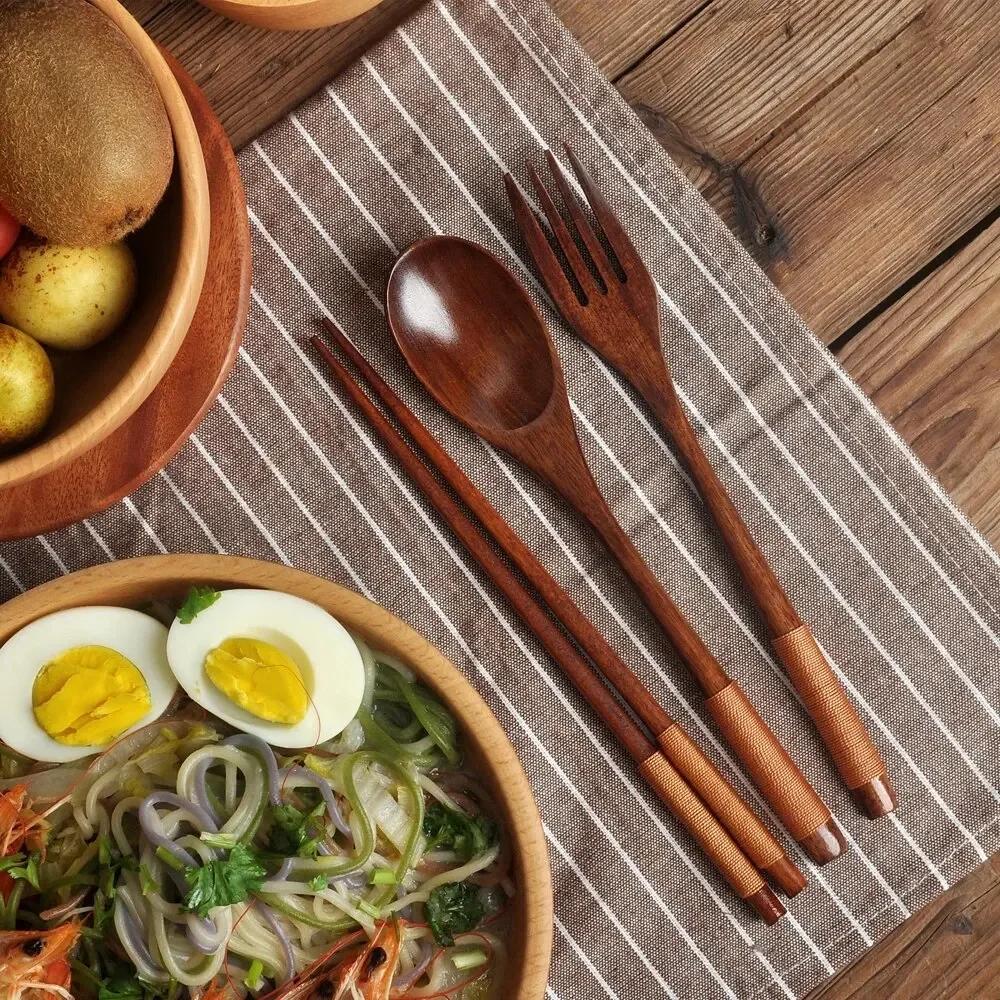 Non-Slip Wood Dinnerware Long Handle Spoon Chopsticks Fork Set Japanese Style Ramen Tableware Set for Home Kitchen Cutlery Set